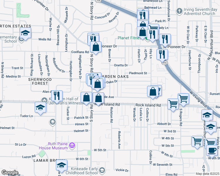 map of restaurants, bars, coffee shops, grocery stores, and more near 340 Brown Drive in Irving