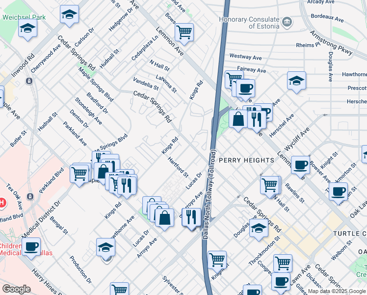 map of restaurants, bars, coffee shops, grocery stores, and more near 4605 Raleigh Street in Dallas