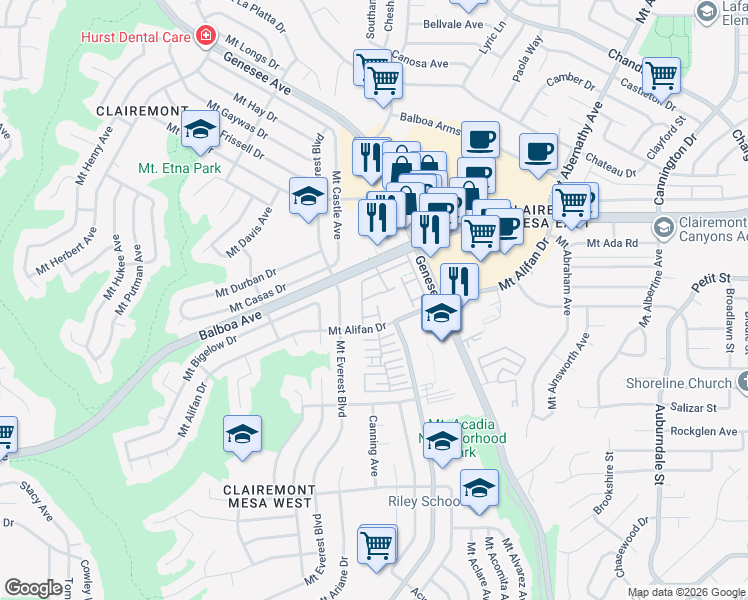 map of restaurants, bars, coffee shops, grocery stores, and more near 5230 Mount Alifan Drive in San Diego