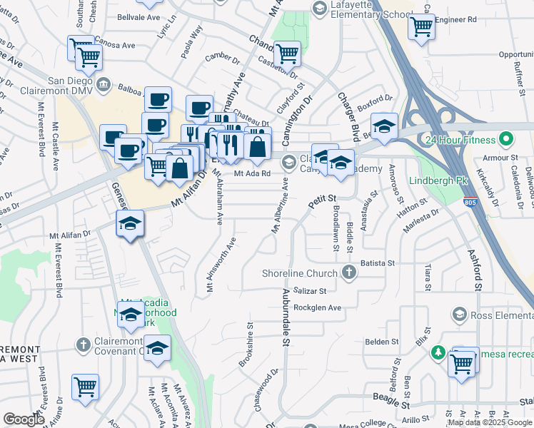 map of restaurants, bars, coffee shops, grocery stores, and more near 6458 Mount Aguilar Drive in San Diego