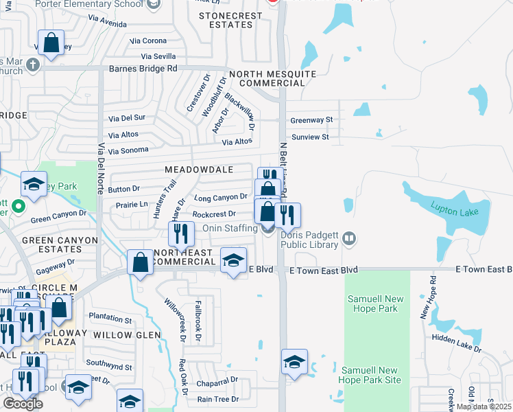 map of restaurants, bars, coffee shops, grocery stores, and more near 3732 Sugarberry Drive in Mesquite