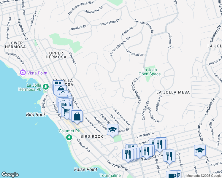 map of restaurants, bars, coffee shops, grocery stores, and more near 918 Sandpiper Place in San Diego