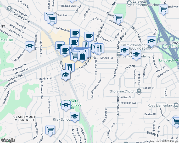 map of restaurants, bars, coffee shops, grocery stores, and more near 3882 Caminito Aguilar in San Diego