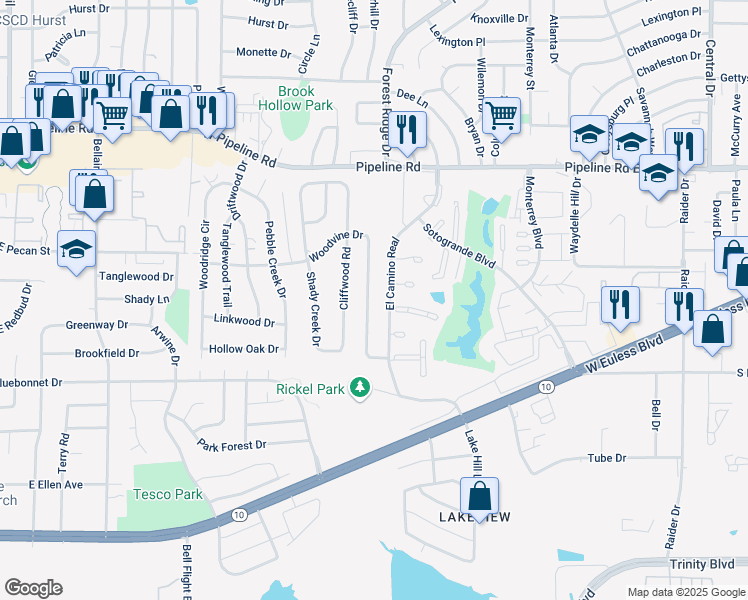 map of restaurants, bars, coffee shops, grocery stores, and more near 1424 El Camino Real in Euless