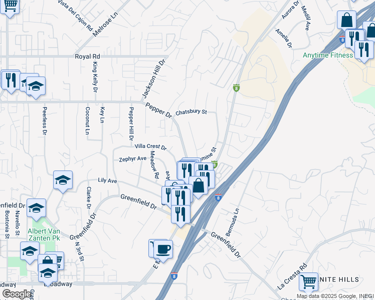 map of restaurants, bars, coffee shops, grocery stores, and more near 1676 Pepper Drive in El Cajon