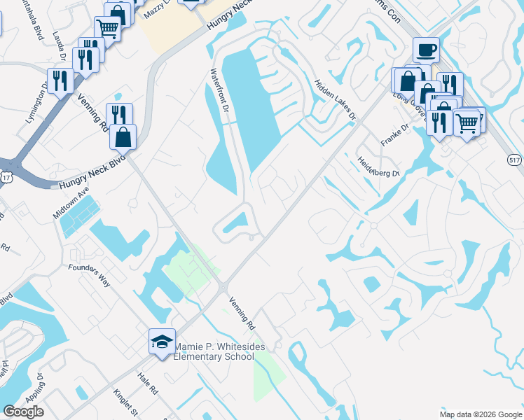 map of restaurants, bars, coffee shops, grocery stores, and more near 1375 Center Lake Drive in Mount Pleasant