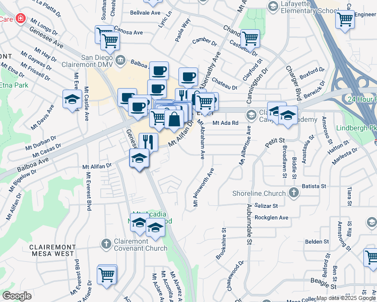 map of restaurants, bars, coffee shops, grocery stores, and more near 6040 Mount Aguilar Drive in San Diego