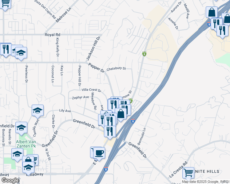 map of restaurants, bars, coffee shops, grocery stores, and more near 1676 Pepper Drive in El Cajon