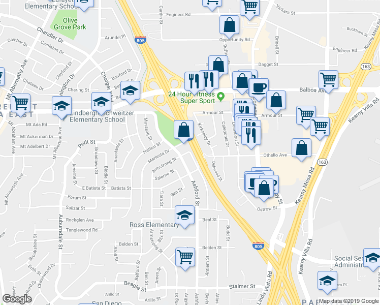 map of restaurants, bars, coffee shops, grocery stores, and more near 7250 Armstrong Street in San Diego
