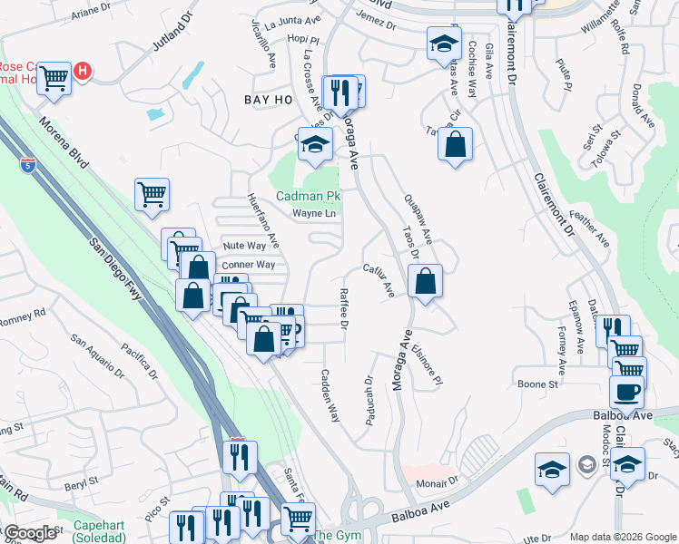 map of restaurants, bars, coffee shops, grocery stores, and more near 3294 Atari Court in San Diego