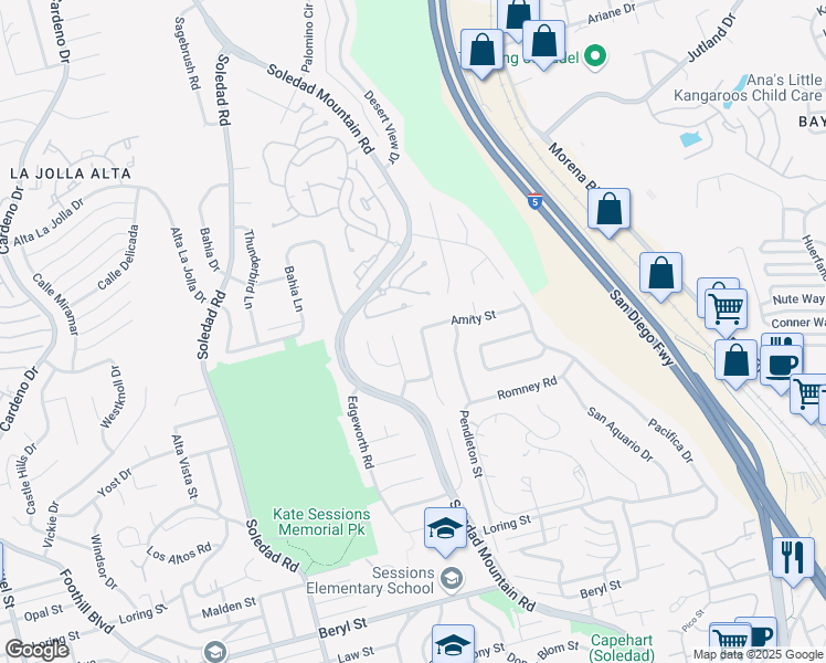 map of restaurants, bars, coffee shops, grocery stores, and more near 5374 Middleton Road in San Diego