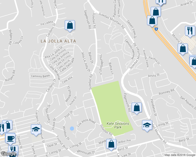 map of restaurants, bars, coffee shops, grocery stores, and more near 5435 Parkview Drive in San Diego