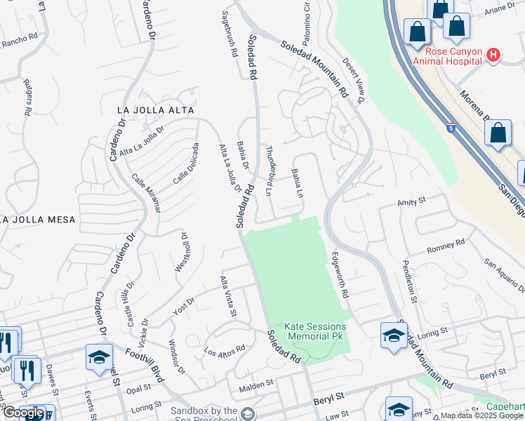 map of restaurants, bars, coffee shops, grocery stores, and more near 5435 Parkview Drive in San Diego
