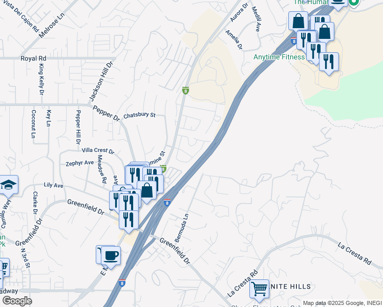 map of restaurants, bars, coffee shops, grocery stores, and more near 12805 Interstate 8 Business Loop in El Cajon
