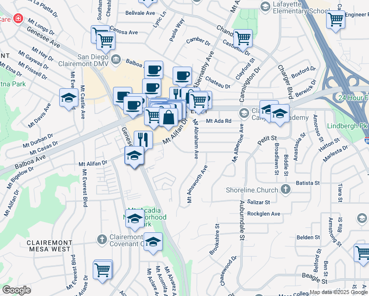 map of restaurants, bars, coffee shops, grocery stores, and more near 3882 Caminito Aguilar in San Diego