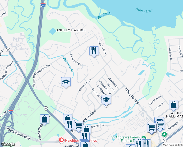 map of restaurants, bars, coffee shops, grocery stores, and more near 1625 Boone Hall Drive in Charleston