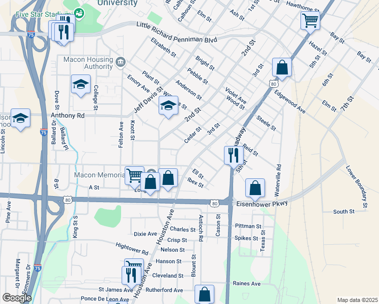 map of restaurants, bars, coffee shops, grocery stores, and more near 600 Whitehead Street in Macon