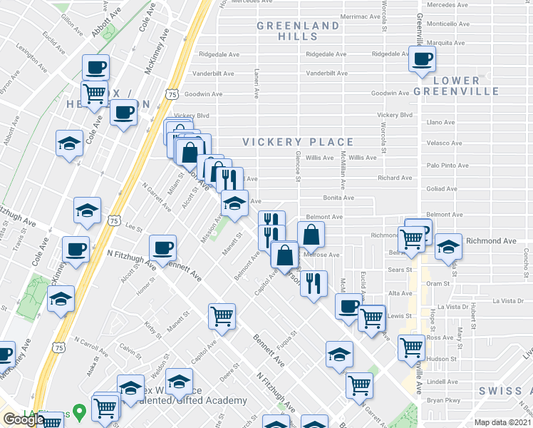 map of restaurants, bars, coffee shops, grocery stores, and more near 2603 Madera Street in Dallas