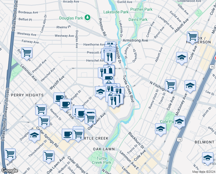 map of restaurants, bars, coffee shops, grocery stores, and more near 3927 Oak Lawn Avenue in Dallas