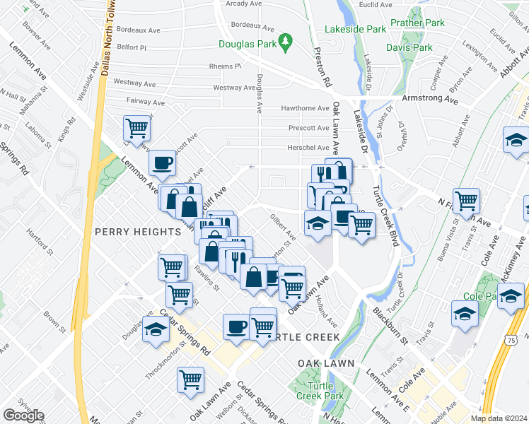map of restaurants, bars, coffee shops, grocery stores, and more near 4111 Gilbert Avenue in Dallas