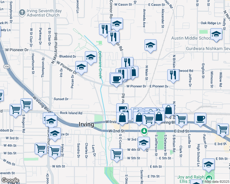 map of restaurants, bars, coffee shops, grocery stores, and more near 421 Virginia Street in Irving