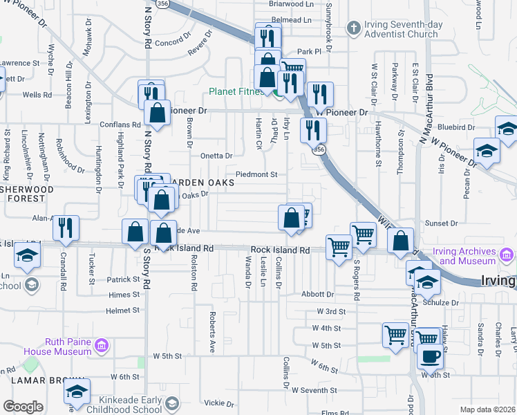 map of restaurants, bars, coffee shops, grocery stores, and more near 1722 Dunning Street in Irving