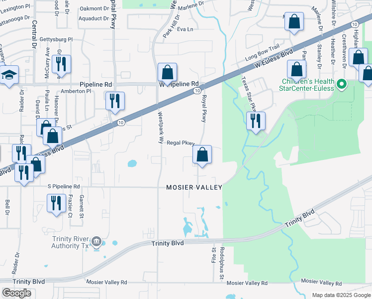 map of restaurants, bars, coffee shops, grocery stores, and more near 2161 Regal Pkwy in Euless