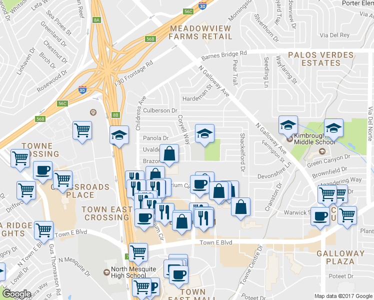 map of restaurants, bars, coffee shops, grocery stores, and more near 4013 Coryell Way in Mesquite
