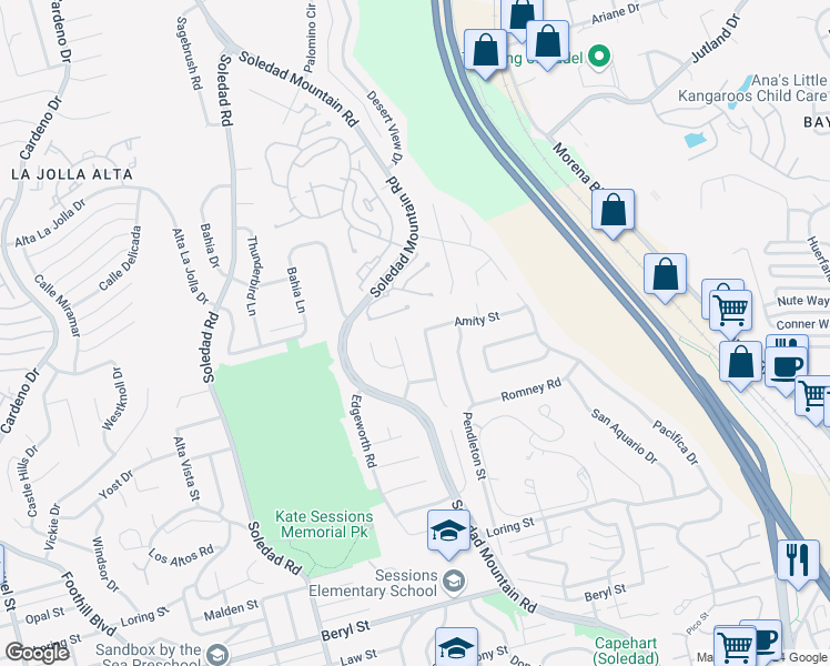 map of restaurants, bars, coffee shops, grocery stores, and more near 5374 Middleton Road in San Diego