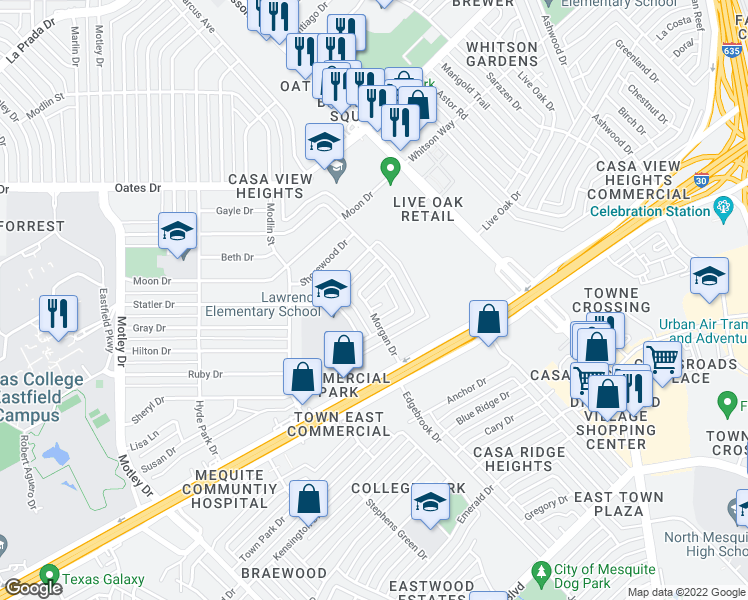map of restaurants, bars, coffee shops, grocery stores, and more near 3940 Morgan Circle in Mesquite