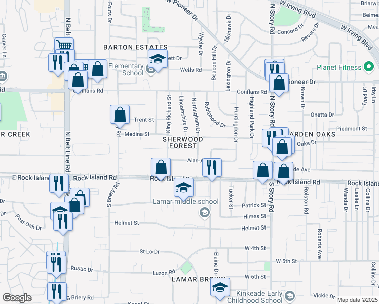 map of restaurants, bars, coffee shops, grocery stores, and more near in Irving