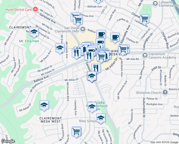 map of restaurants, bars, coffee shops, grocery stores, and more near 5398 Mount Alifan Drive in San Diego
