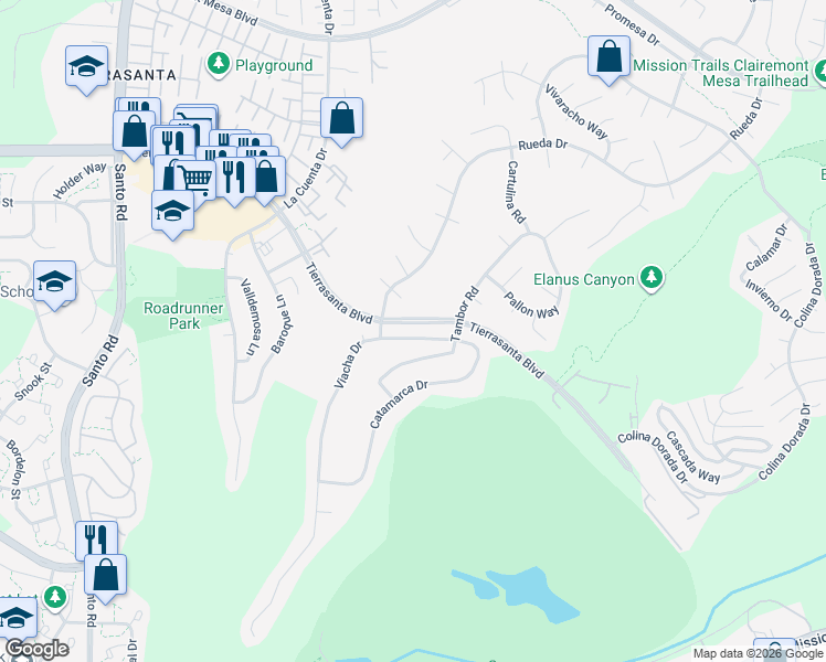 map of restaurants, bars, coffee shops, grocery stores, and more near 11035 Viacha Drive in San Diego