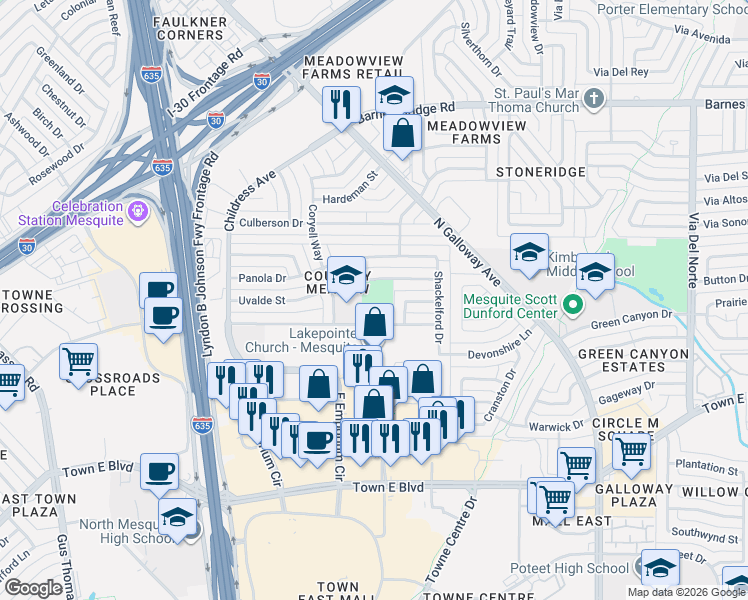 map of restaurants, bars, coffee shops, grocery stores, and more near 1551 Brazoria Drive in Mesquite
