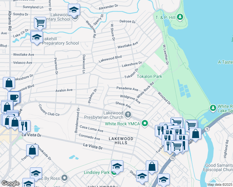 map of restaurants, bars, coffee shops, grocery stores, and more near 6930 Wildgrove Avenue in Dallas