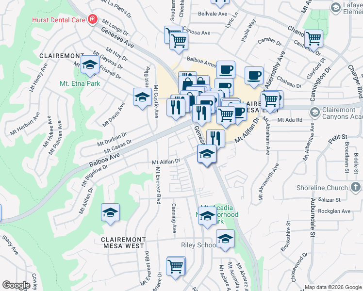map of restaurants, bars, coffee shops, grocery stores, and more near 4160 Balboa Way in San Diego