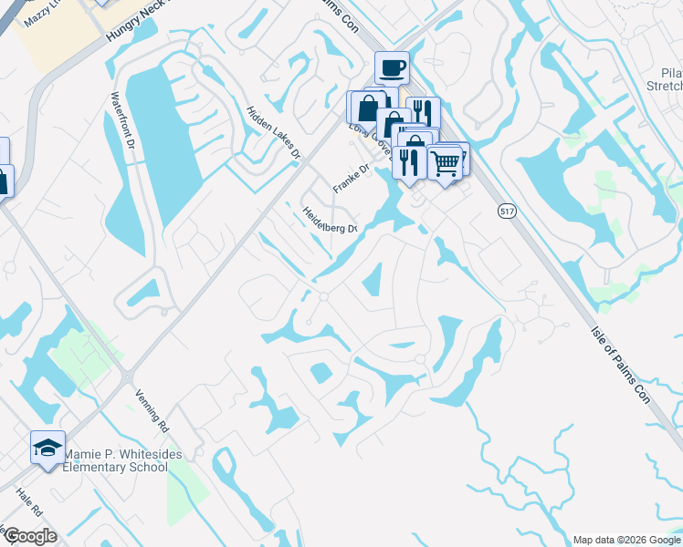 map of restaurants, bars, coffee shops, grocery stores, and more near 1275 Palmetto Peninsula Drive in Mount Pleasant