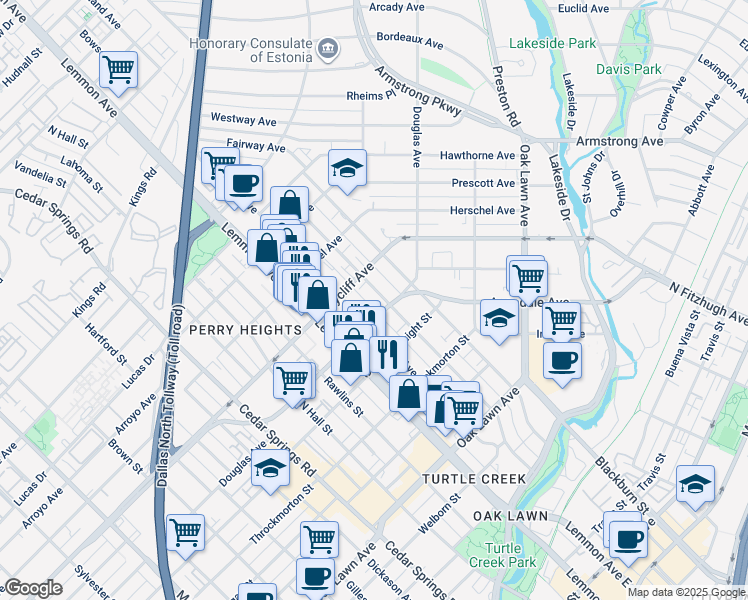 map of restaurants, bars, coffee shops, grocery stores, and more near 3624 Douglas Avenue in Dallas