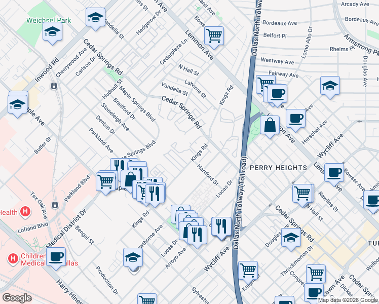 map of restaurants, bars, coffee shops, grocery stores, and more near 2833 Kings Road in Dallas