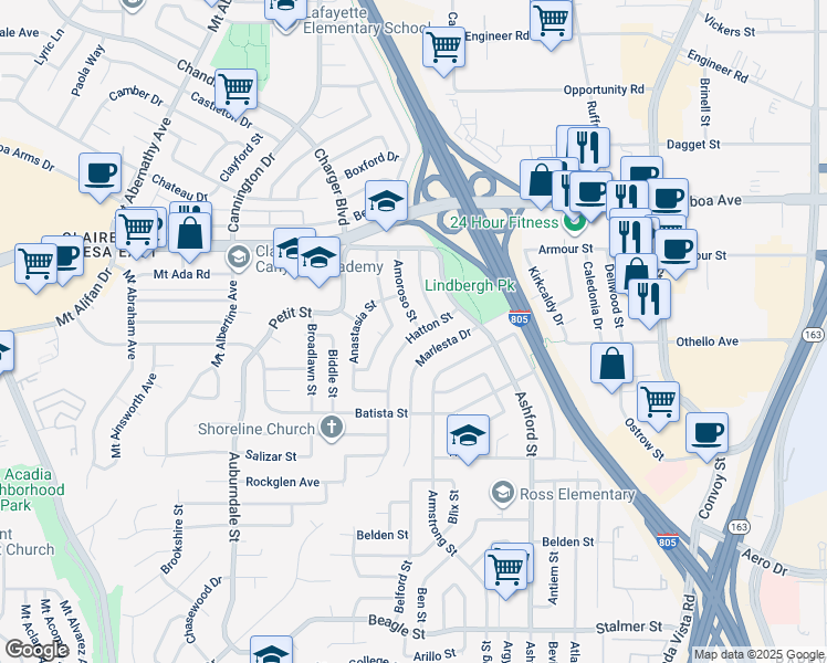 map of restaurants, bars, coffee shops, grocery stores, and more near 4010 Hatton Street in San Diego