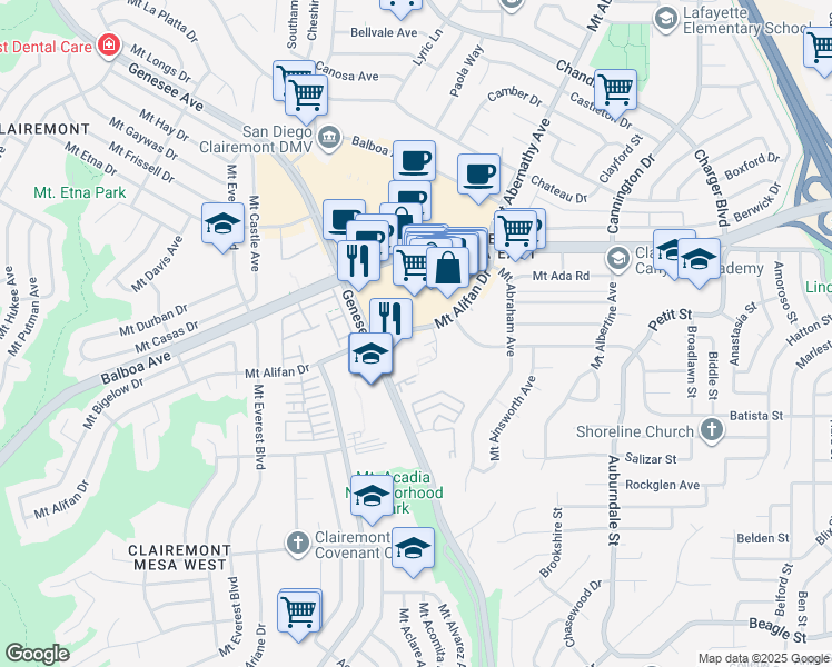 map of restaurants, bars, coffee shops, grocery stores, and more near 4113 Mount Alifan Drive in San Diego
