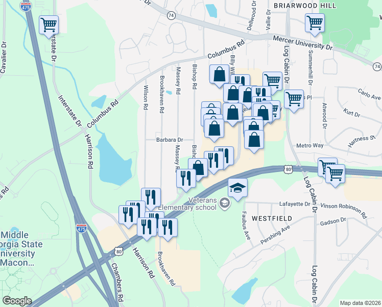 map of restaurants, bars, coffee shops, grocery stores, and more near 4759 Bishop Road in Macon