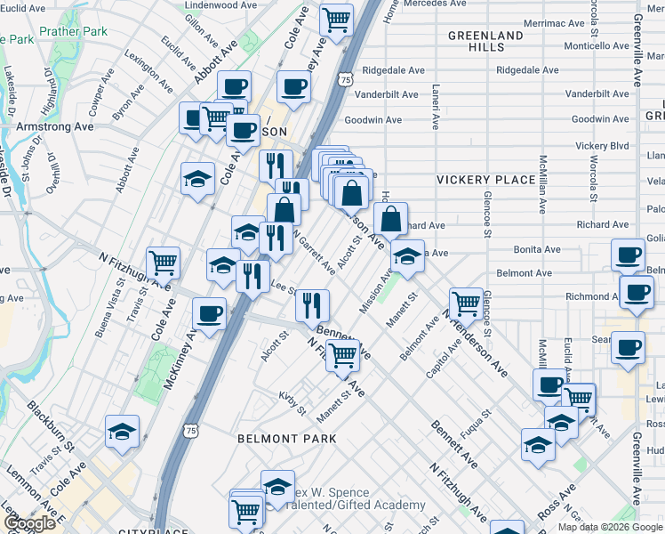 map of restaurants, bars, coffee shops, grocery stores, and more near 5034 Alcott Street in Dallas