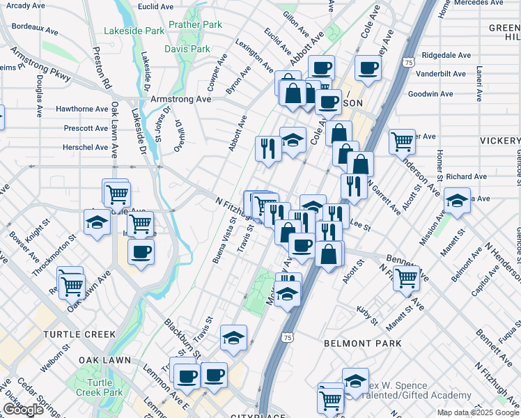 map of restaurants, bars, coffee shops, grocery stores, and more near 3247 North Fitzhugh Avenue in Dallas