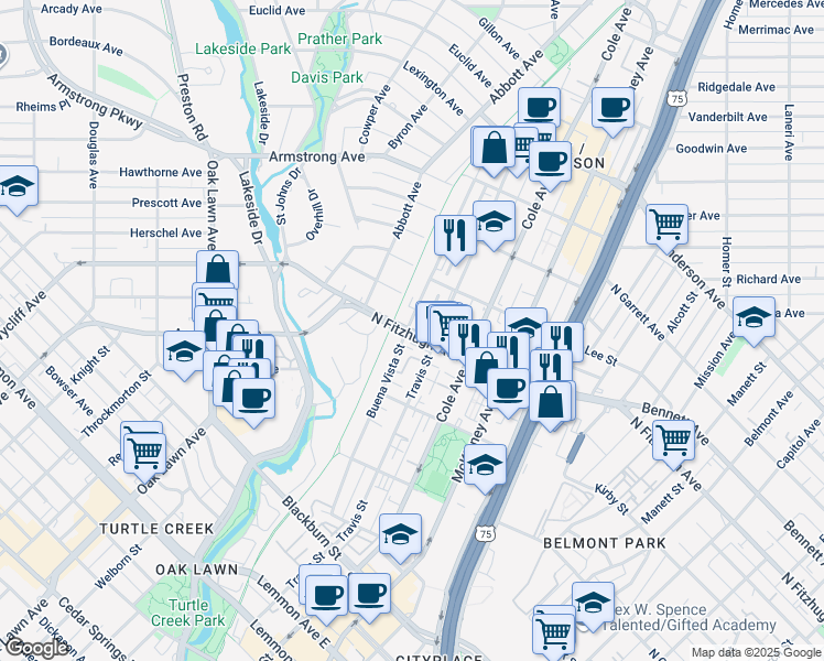 map of restaurants, bars, coffee shops, grocery stores, and more near 4143 Buena Vista Street in Dallas