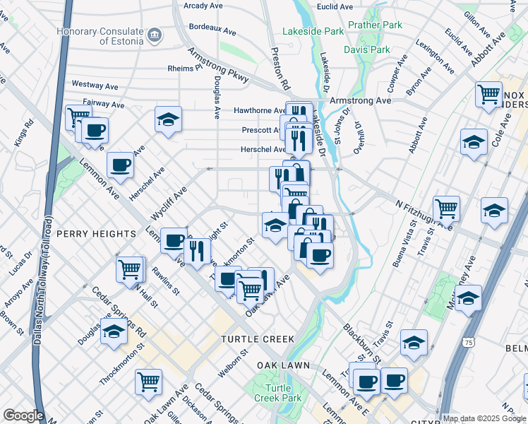 map of restaurants, bars, coffee shops, grocery stores, and more near 4152 Irving Avenue in Dallas