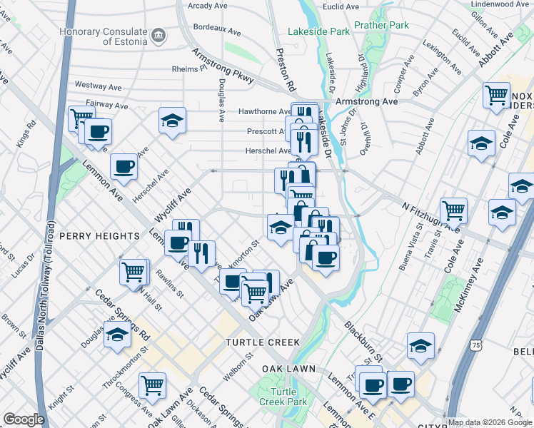 map of restaurants, bars, coffee shops, grocery stores, and more near 4152 Irving Avenue in Dallas