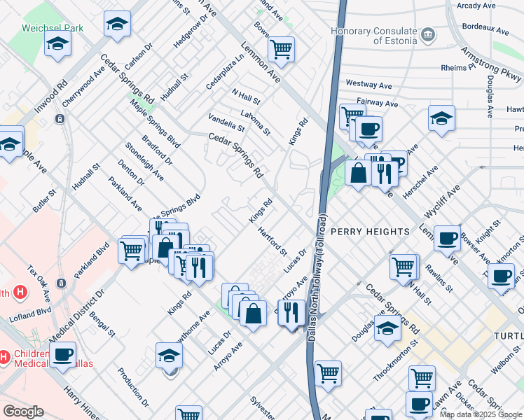 map of restaurants, bars, coffee shops, grocery stores, and more near 4605 Raleigh Street in Dallas