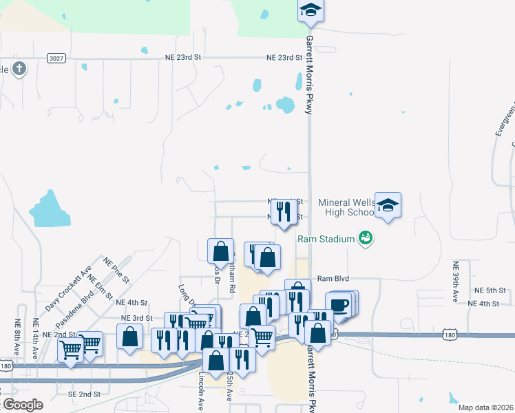 map of restaurants, bars, coffee shops, grocery stores, and more near 3103 Northeast 10th Street in Mineral Wells