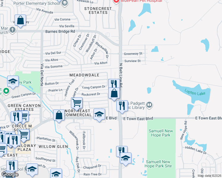 map of restaurants, bars, coffee shops, grocery stores, and more near North Belt Line Road in Mesquite